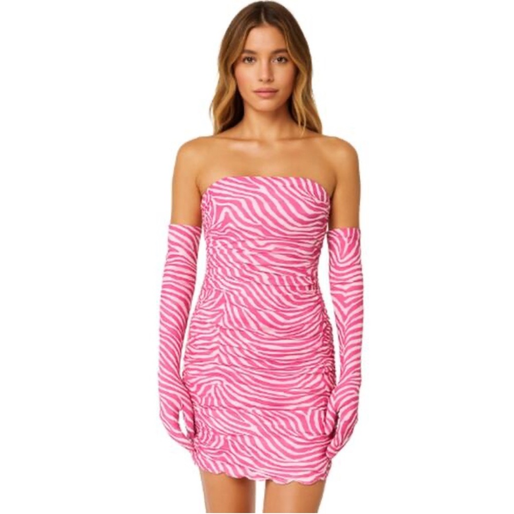 Strapless Pink Zebra-Print Mini Dress with Matching Gloves